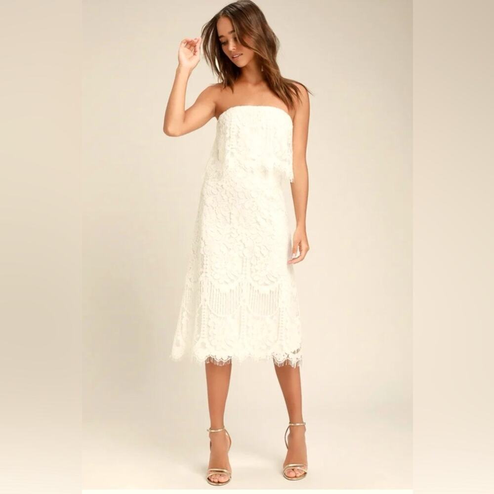 Lulus NWT White Lace Strapless Midi Dress medium